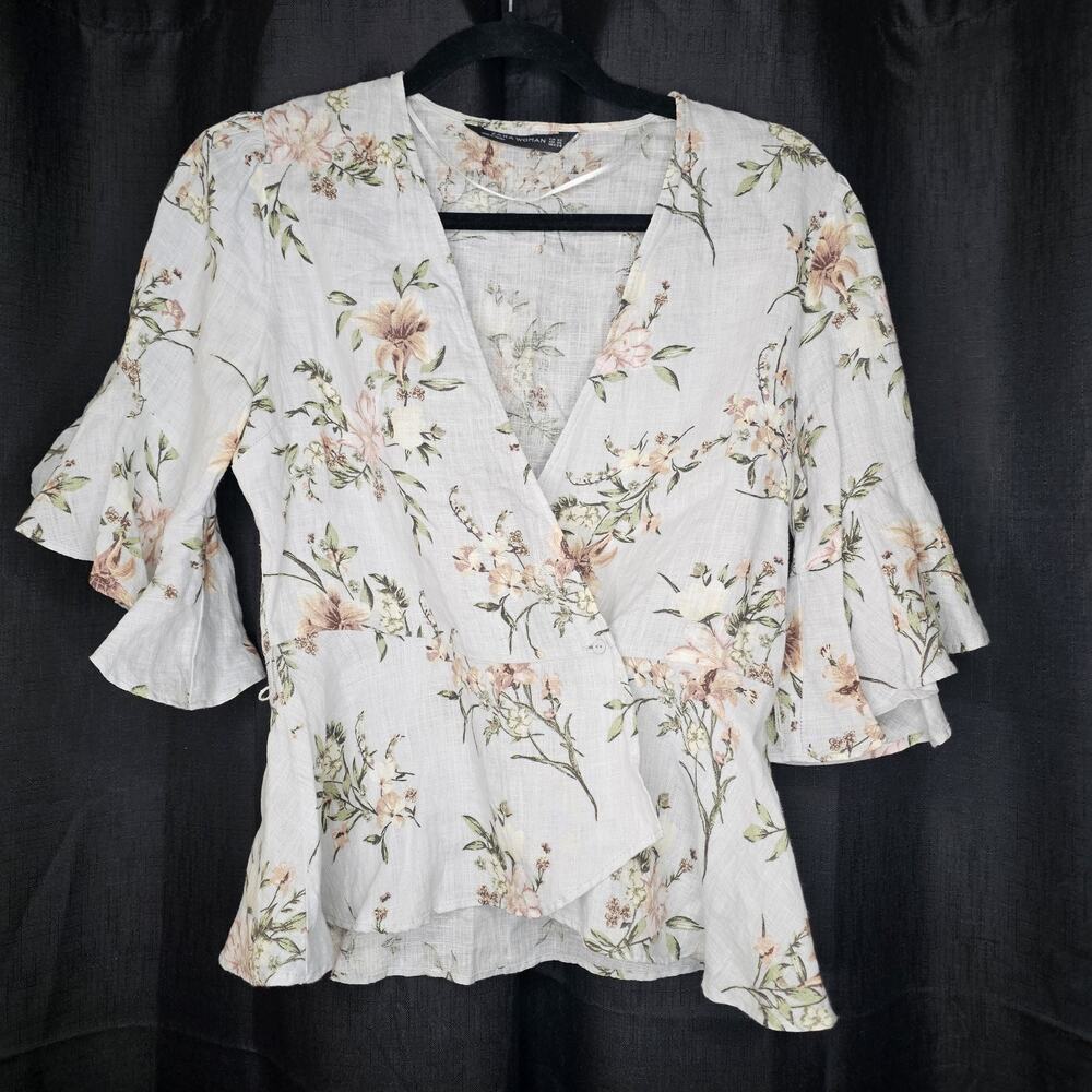 ZARA Shirt Womens XS Floral Wrap V-Neck Blouse Casual Peplum Flutter Boho Beach